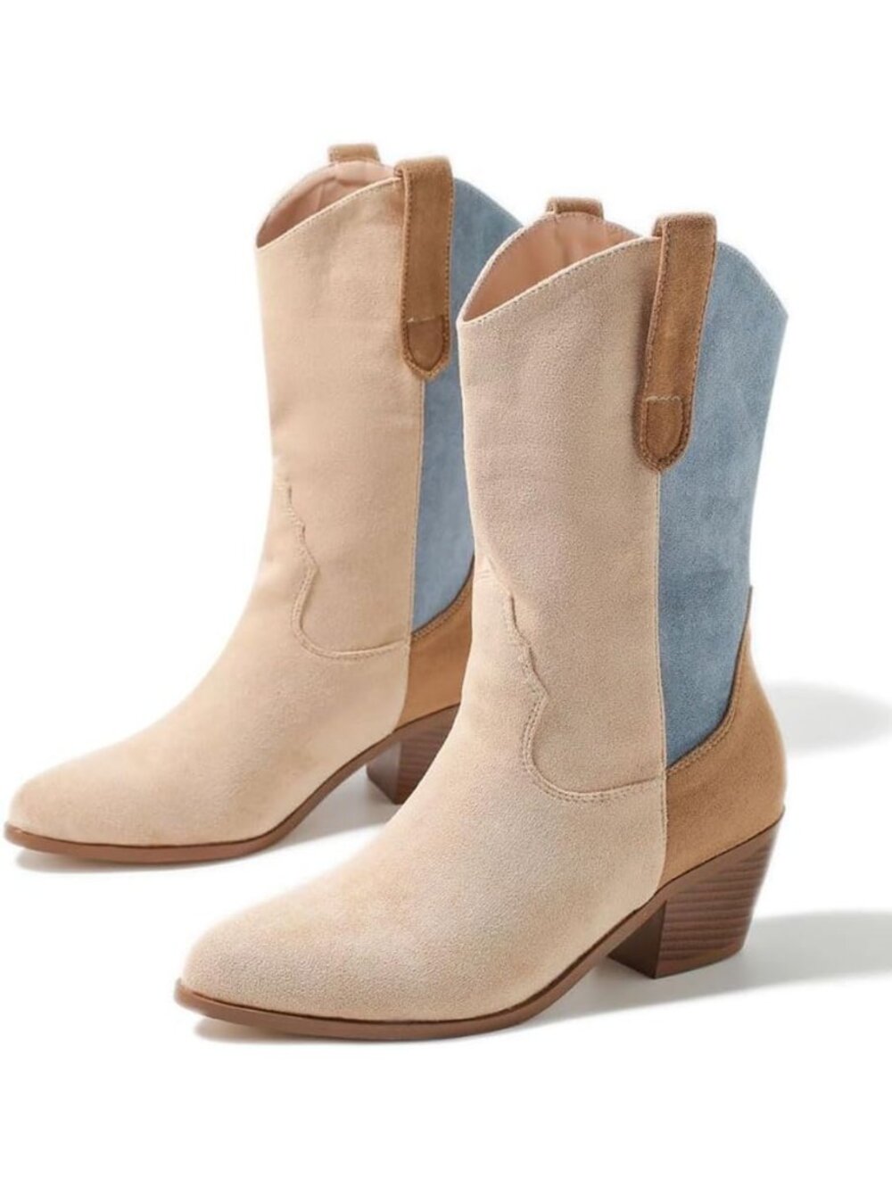 Women’s Apricot Embroidered Cowboy Boots Wide Calf Cowgirl Boots Stacked Heel
